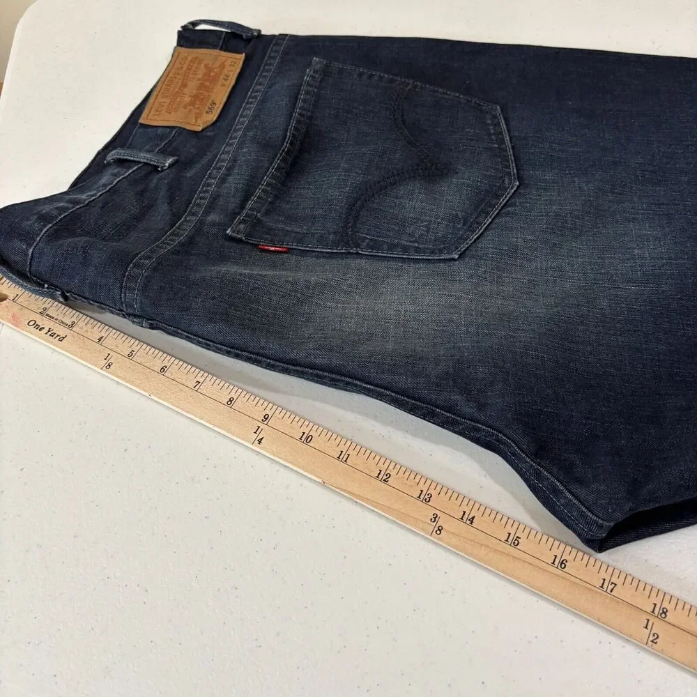 Levis Flex 569 Loose Straight Jeans Mens 44X32 Dark Blue Wash Distressed Y2K